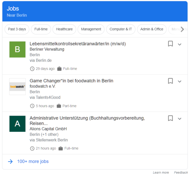 Preview of job posting schema type. Shown on jobs near berlin example.