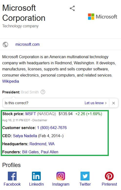 Preview of organization schema type. Shown on Microsoft corporation's example.