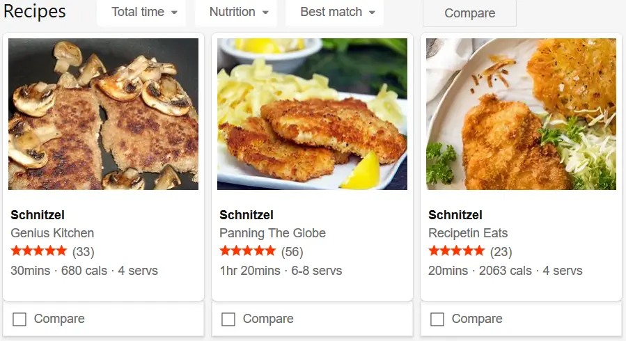 Preview of recipe schema type. Shown on schnitzel example.